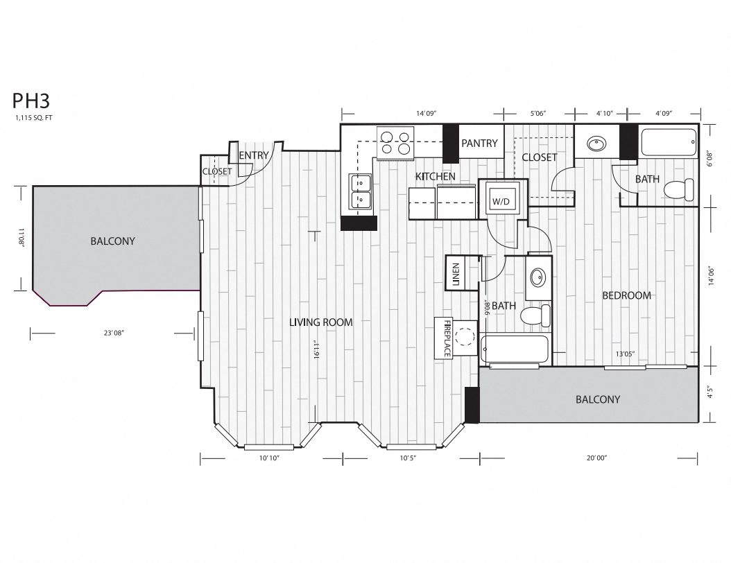 Floor plan for 1 bed, 2 baths, 1115 sqft